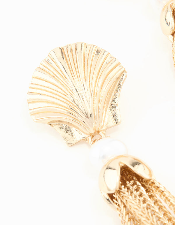 Gold Shell & Tassel Chain Drop Earrings