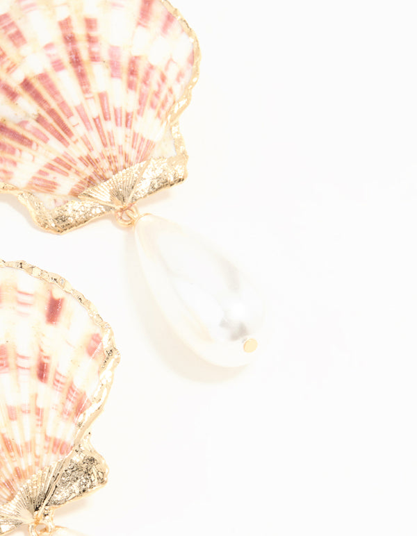 Gold Genuine Shell & Pearl Drop Earrings