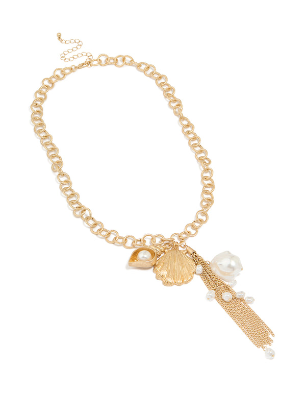 Gold Pearl Shell Tassel Y-Necklace