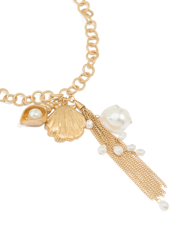 Gold Pearl Shell Tassel Y-Necklace