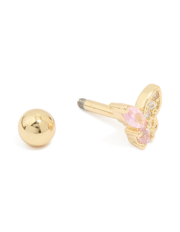 Gold Plated Surgical Steel Cubic Zirconia Butterfly Barbell