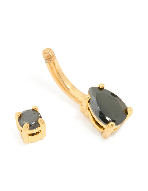 Gold Plated Surgical Steel Black Cubic Zirconia Belly Bar