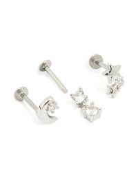 Surgical Steel Cubic Zirconia Mixed Threadless Flat Back Studs 3-Pack - link has visual effect only