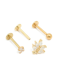 Gold Plated Surgical Steel Cubic Zirconia Threadless Flat Back Studs 3-Pack - link has visual effect only