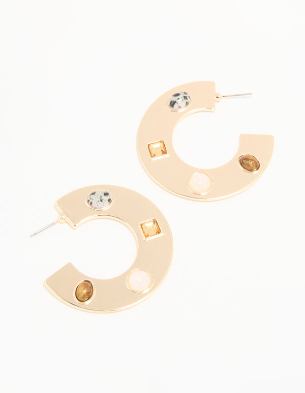 Gold Brown & Clear Stone Flat Hoop Earrings