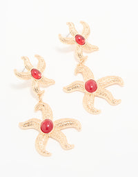 Gold Red Centre Double Starfish Drop Earrings - link has visual effect only