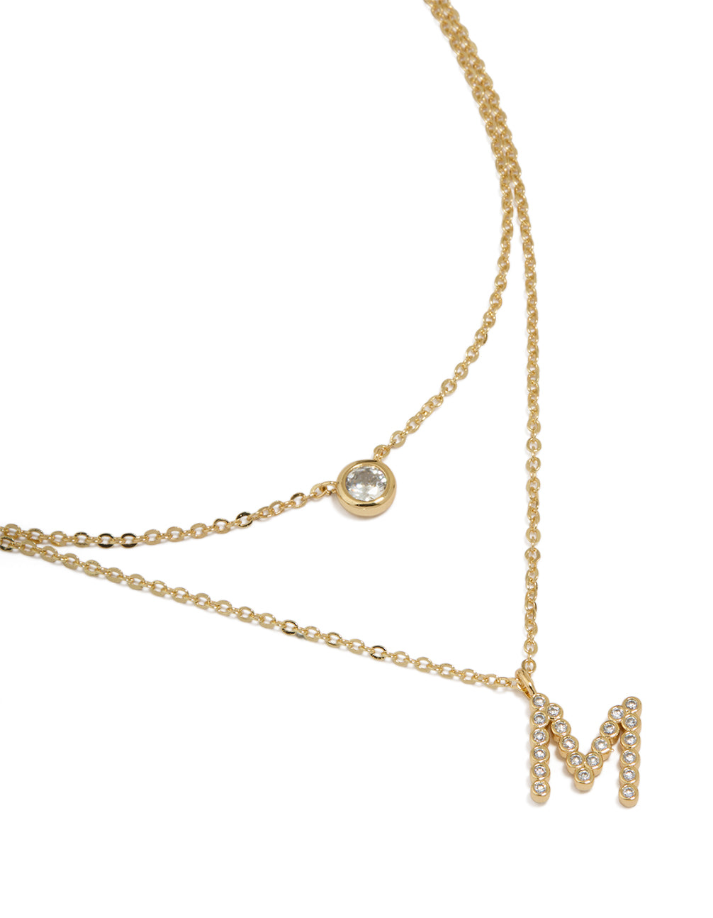 Gold Plated Cubic Zirconia Bezel Letter M Layered Necklace