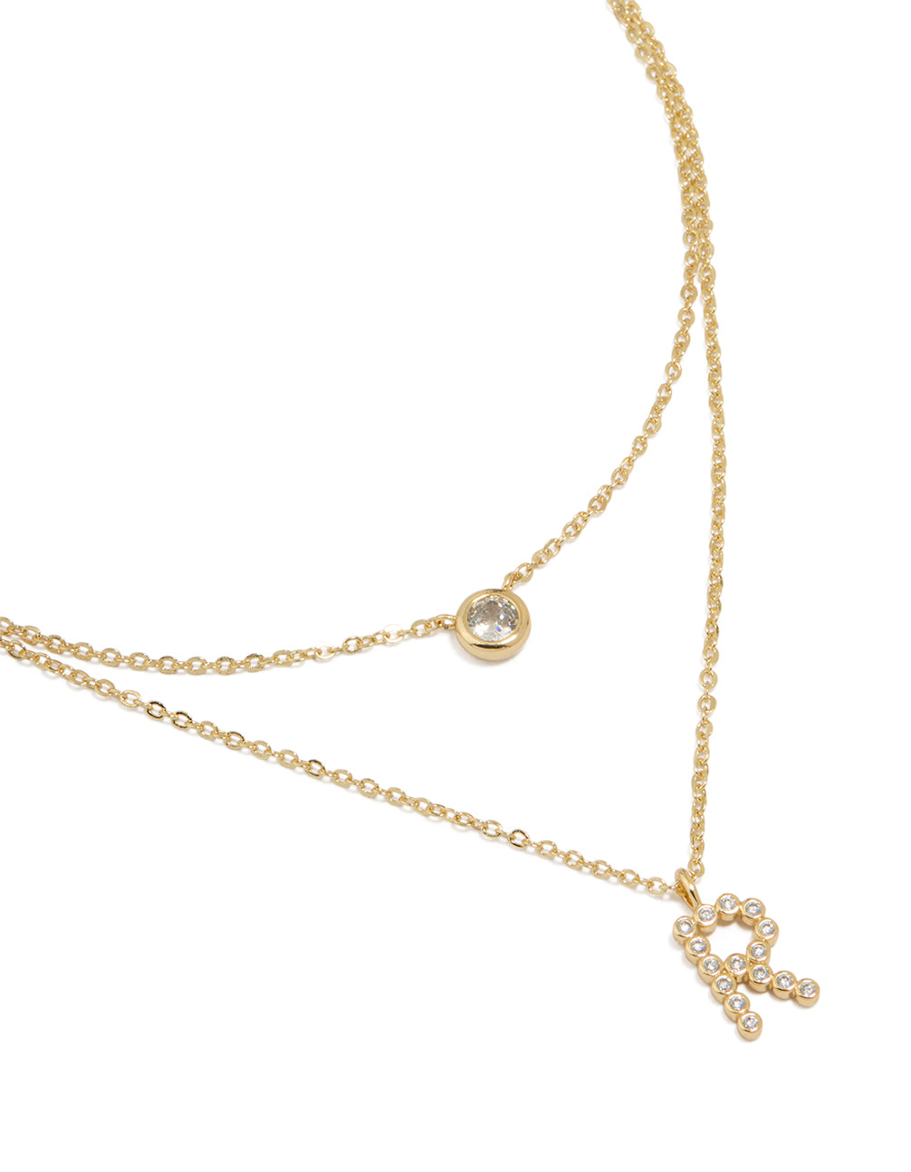 Gold Plated Cubic Zirconia Bezel Letter R Layered Necklace