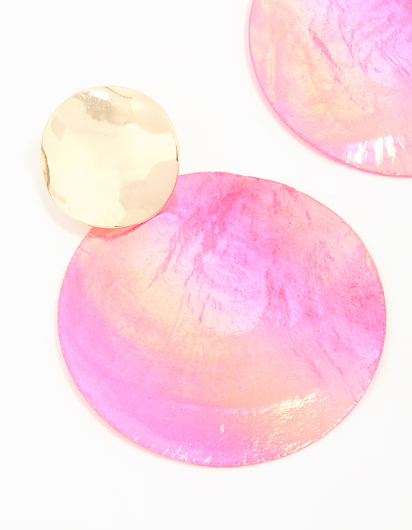 Gold Pink Genuine Shell Circle Drop Earrings