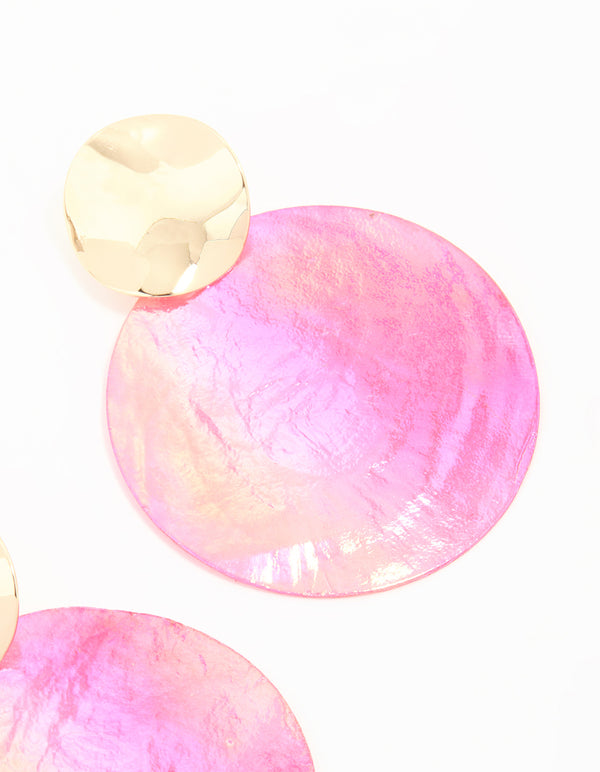 Gold Pink Genuine Shell Circle Drop Earrings