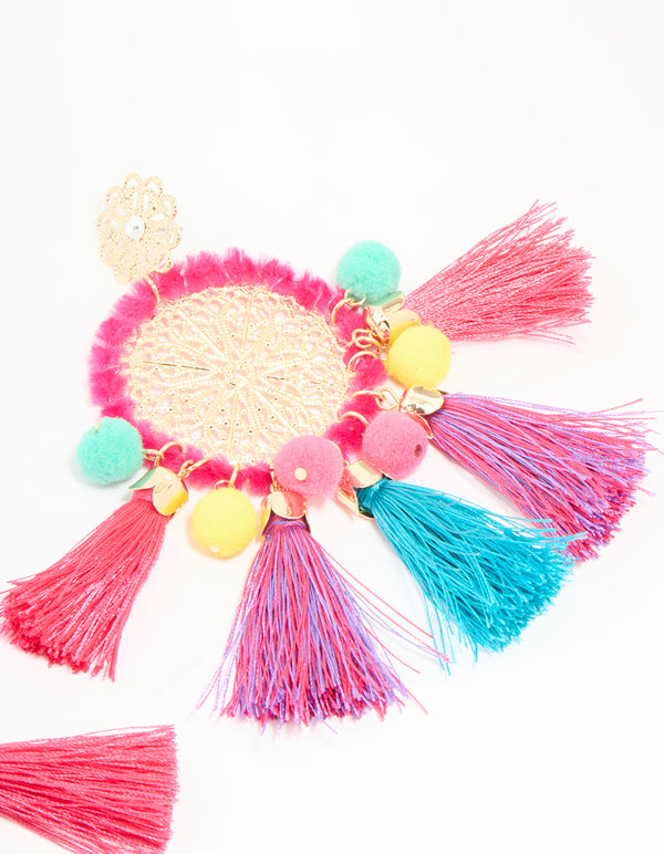 Gold Multicoloured Tassel Disc Drop Earrings
