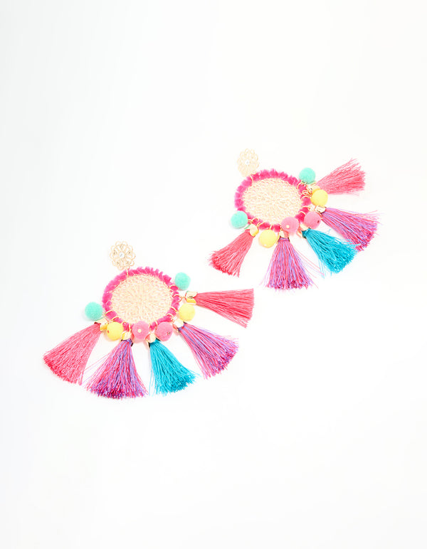 Gold Multicoloured Tassel Disc Drop Earrings