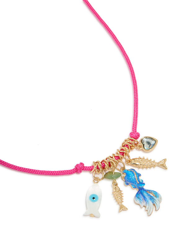Pink Cord & Fish Charms Necklace