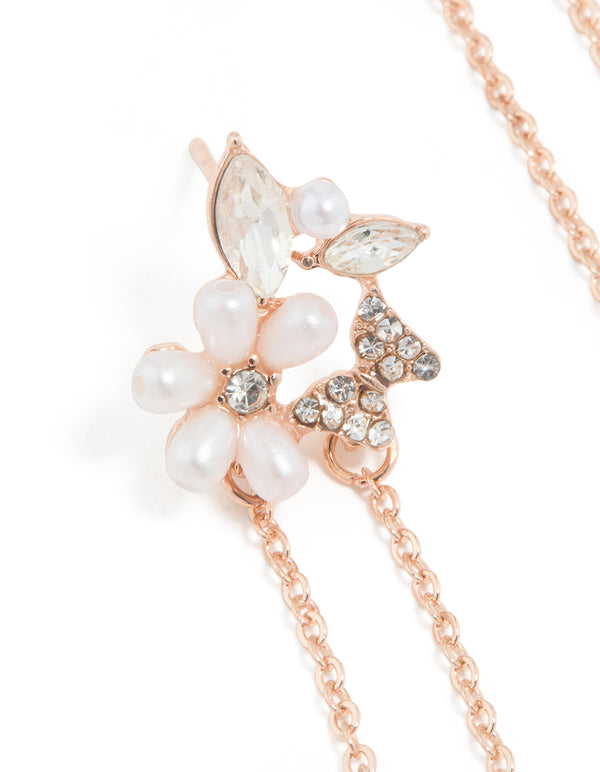 Rose Gold Plated Diamante Flower & Butterfly Chain Drop Earrings