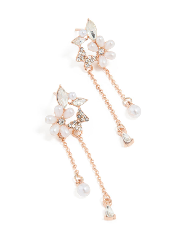 Rose Gold Plated Diamante Flower & Butterfly Chain Drop Earrings