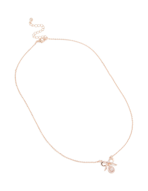 Rose Gold Plated Cubic Zirconia Bow Pendant Necklace
