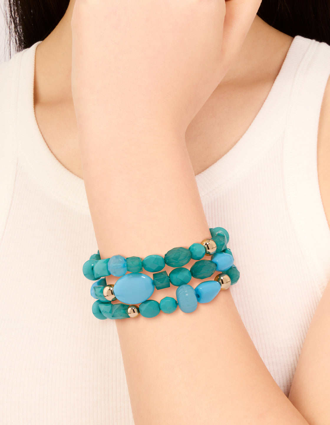 Gold Blue Beaded Stretch Bracelets 3-Pack