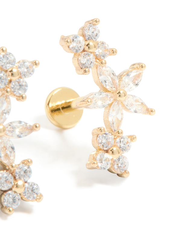 Gold Plated Surgical Steel Cubic Zirconia Flower Claw Flat Back Studs 2-Pack