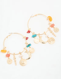 Antique Gold Multicoloured Stone & Celestial Charm Hoop Earrings - link has visual effect only