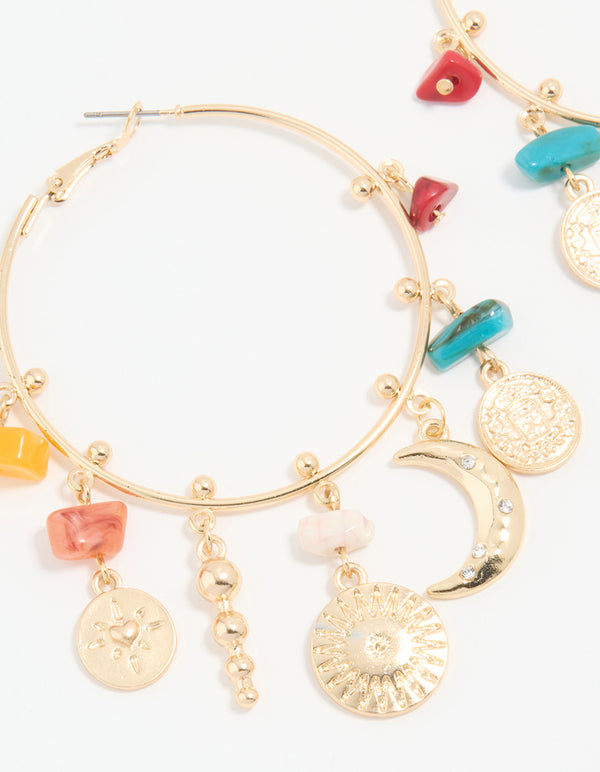 Antique Gold Multicoloured Stone & Celestial Charm Hoop Earrings