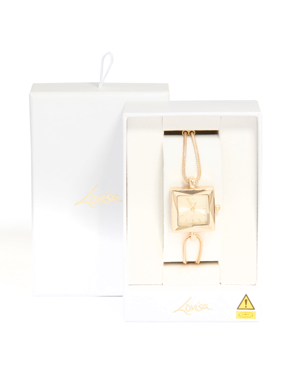 Presenting a gold tone square dial, toggle chain women's casual analog watch with link band and statement style in gold displayed in case detail view
