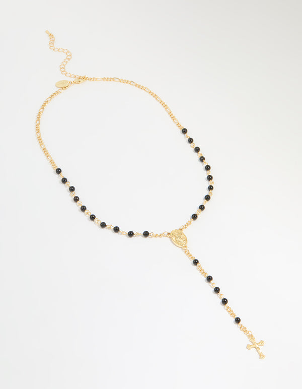 Gold Plated Black Onyx & Cross Lariat Necklace
