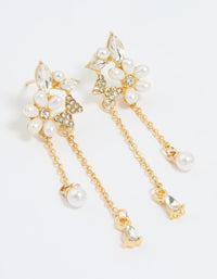 Gold Plated Diamante Pearl Flower Chain Drop Earrings - link has visual effect only