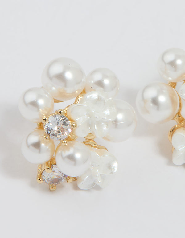 Gold Plated Cubic Zirconia Pearl Cluster Stud Earrings