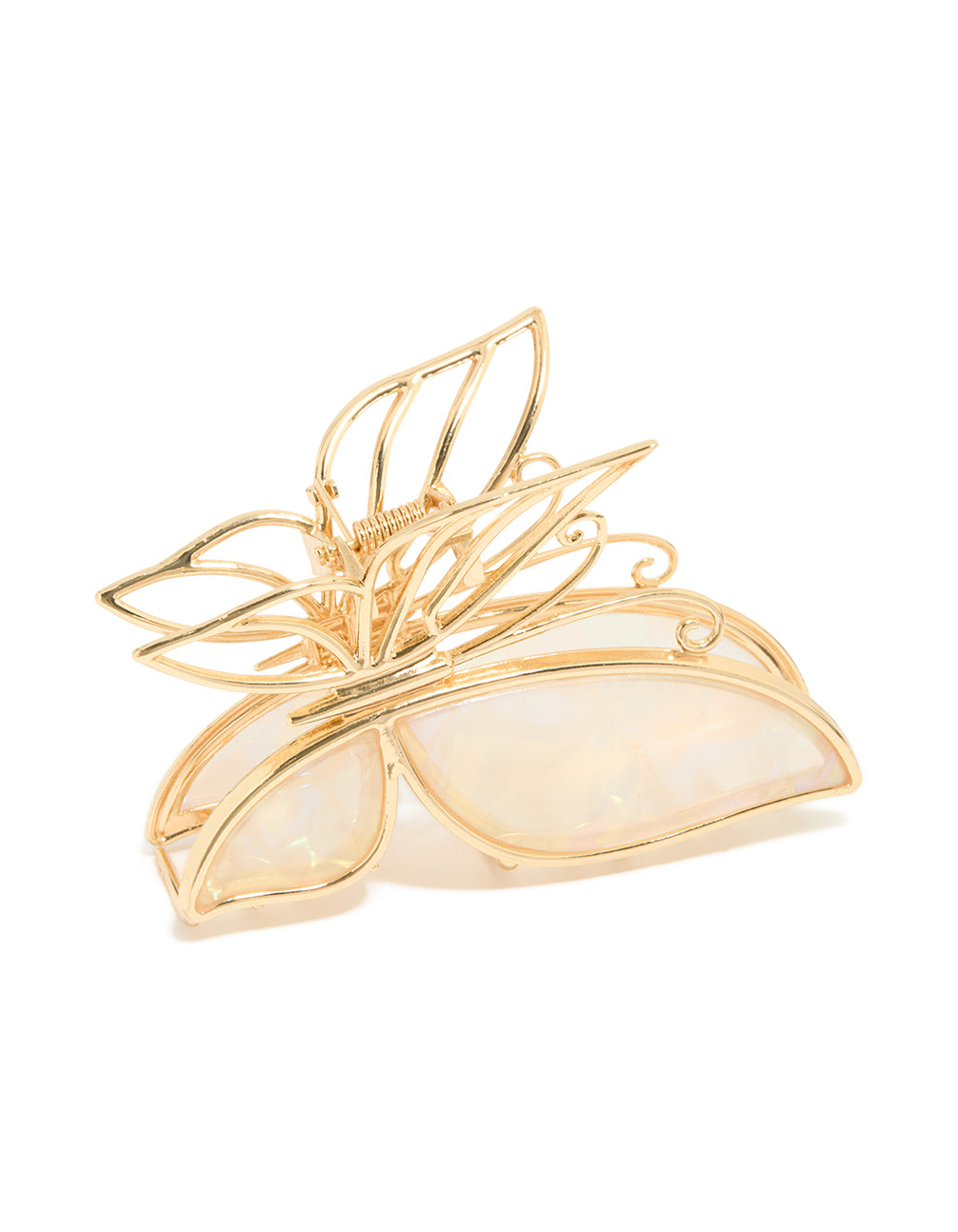 Featuring a gold iridescent acrylic butterfly claw clip side view