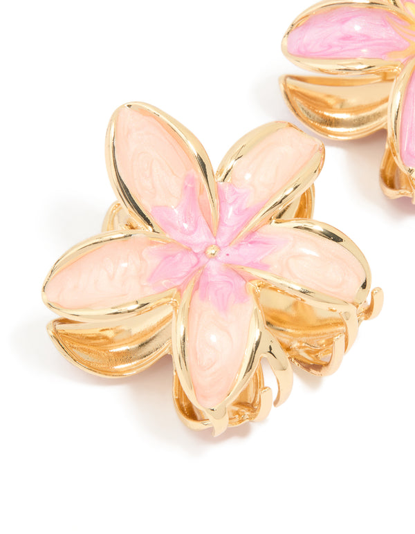 Gold Pink Enamel Frangipani Flower Claw Clips 2-Pack