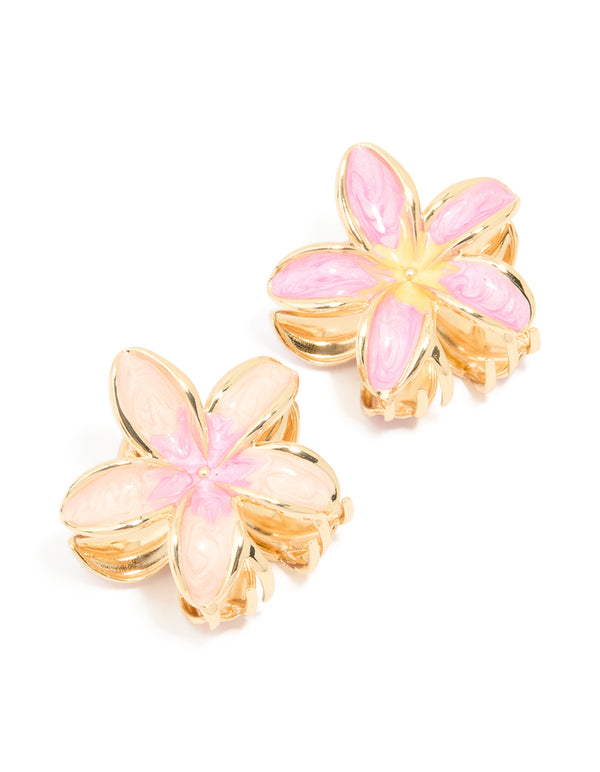 Gold Pink Enamel Frangipani Flower Claw Clips 2-Pack