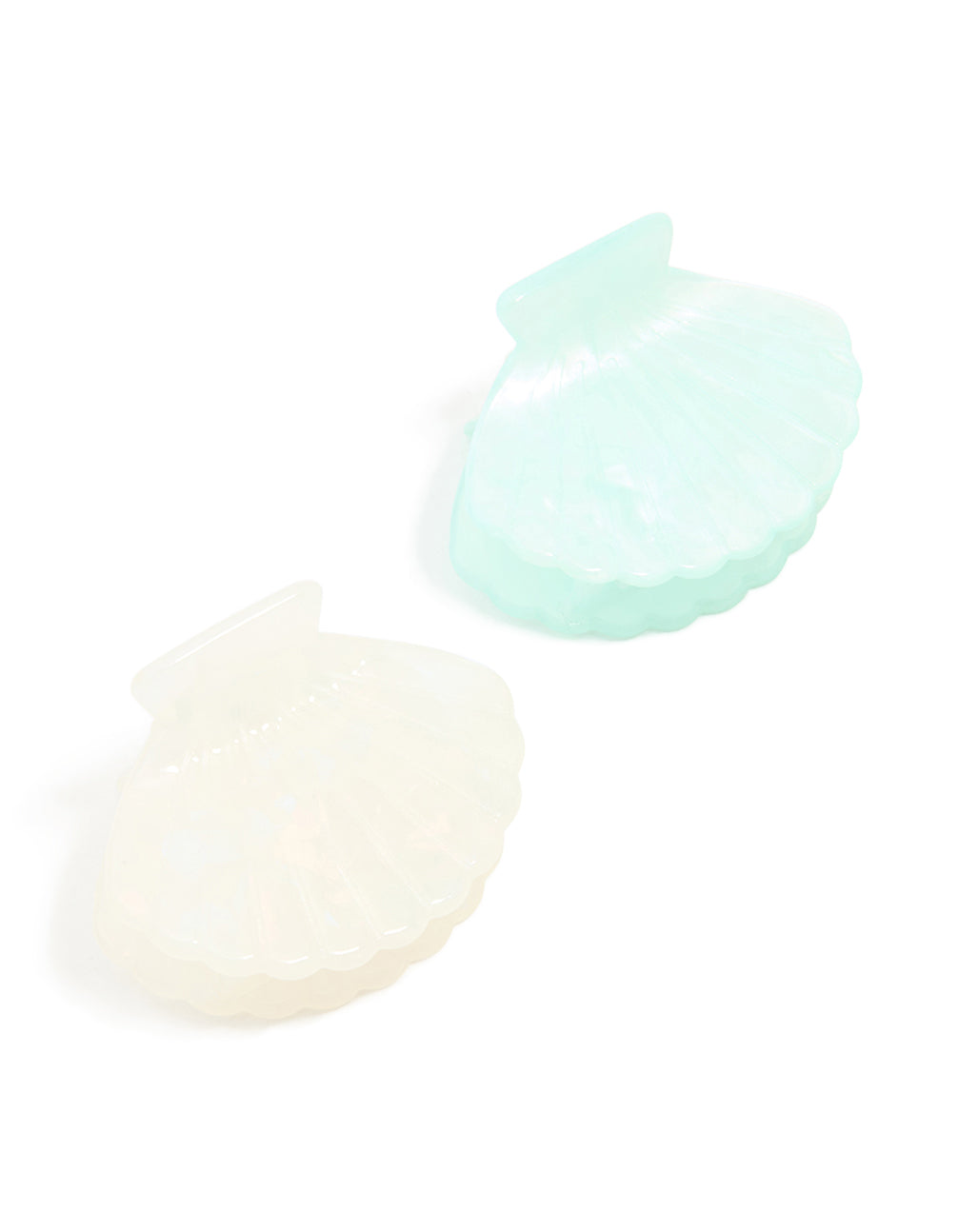 Discover these ocean-inspired shell claw clips in a 2-pack with solid pale turquoise and ivory accessories front view