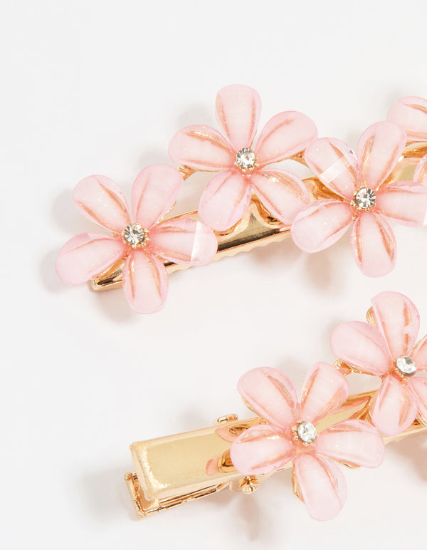 Gold Diamante Mini Pink Flower Clips 2-Pack