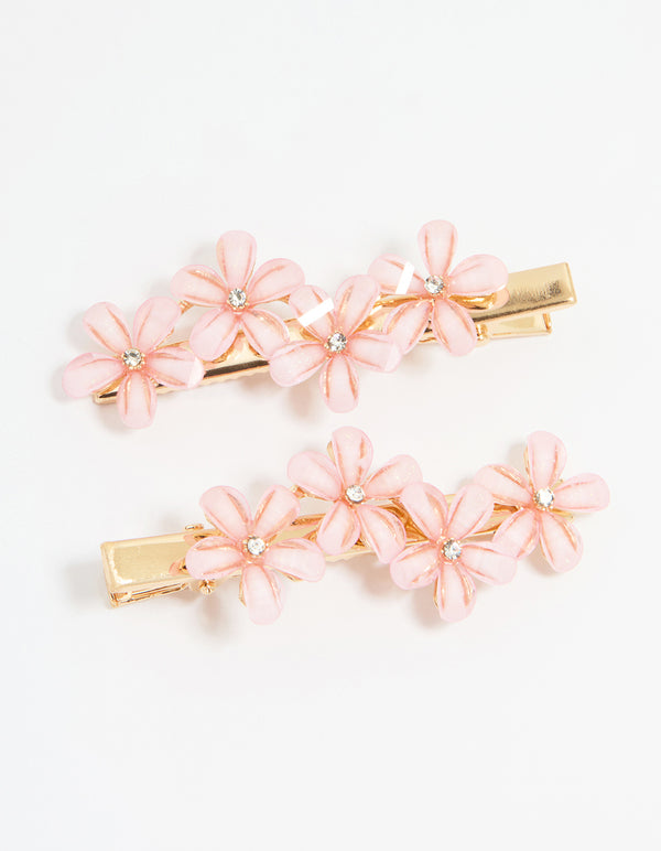 Gold Diamante Mini Pink Flower Clips 2-Pack