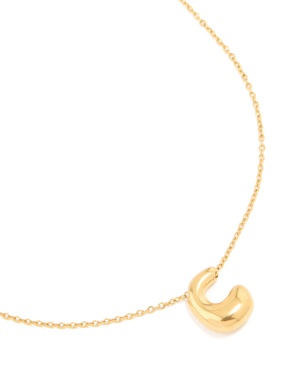 Waterproof gold plated stainless steel large bubble letter C necklace with initial pendant in dainty style close up view