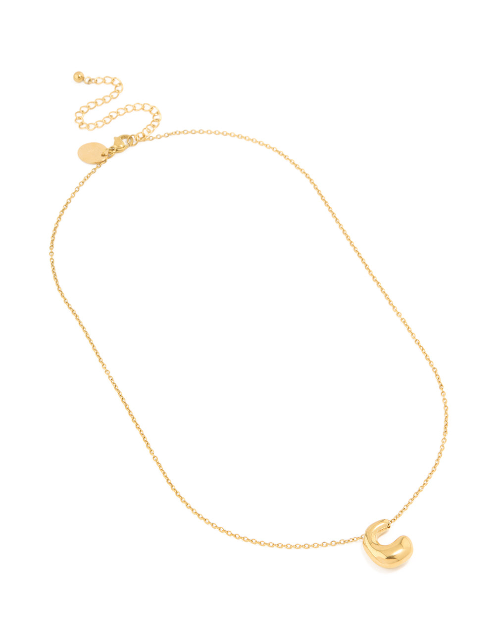 Crafted from waterproof gold plated stainless steel, this large bubble letter C necklace features initial pendant in dainty style front view