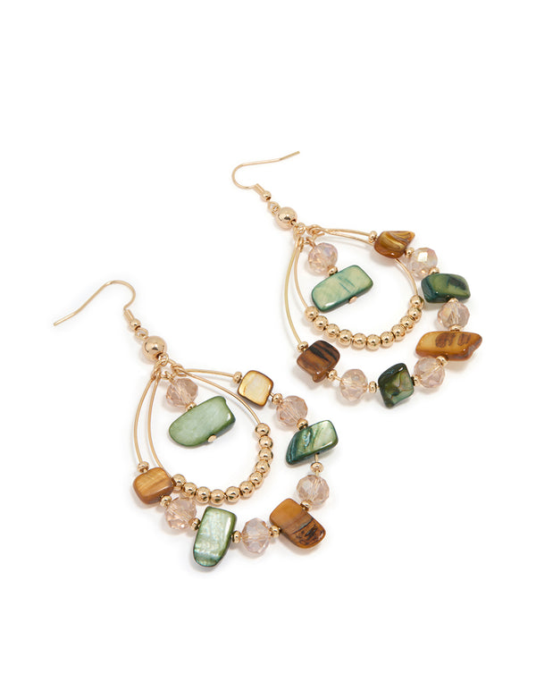 Gold Genuine Shell Brown & Green Beaded Earrings