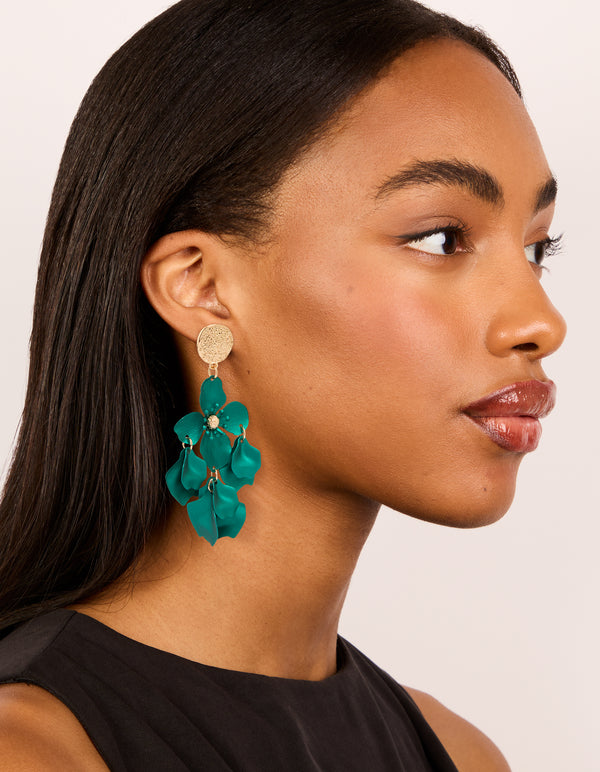 Gold Green Flower Molten Stud Earrings