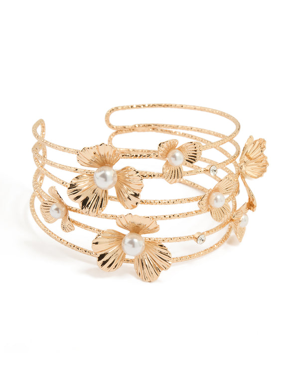 Gold Pearl Flower Wrist Cuff