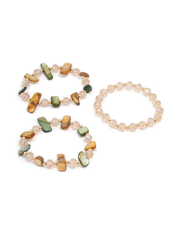 Neutral Beaded & Genuine Shell Stretch Bracelets 3-Pack