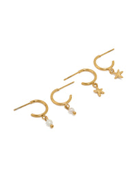 Waterproof Gold Plated Stainless Steel Pearl & Starfish Hoop Earrings 2-Pack - link has visual effect only