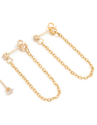Waterproof Gold Plated Stainless Steel Cubic Zirconia Studs & Dainty Chain Earrings 2-Pack - link has visual effect only