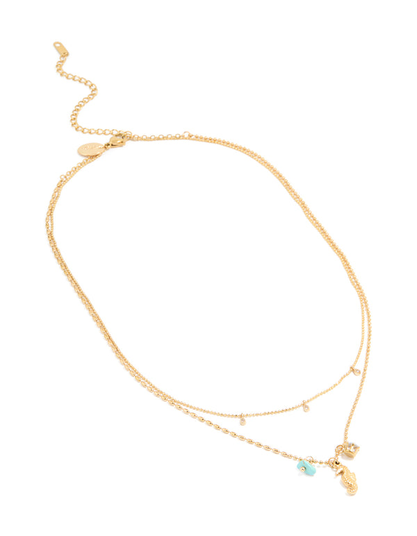 Waterproof Gold Plated Stainless Steel Cubic Zirconia & Seahorse Layered Necklace