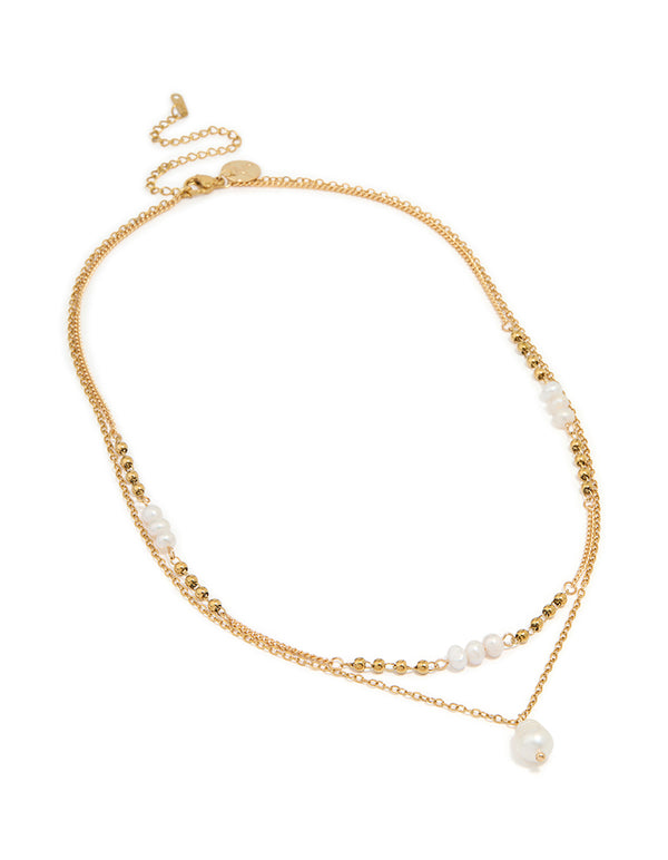 Waterproof Gold Plated Stainless Steel Pearl Dainty Layered Necklace