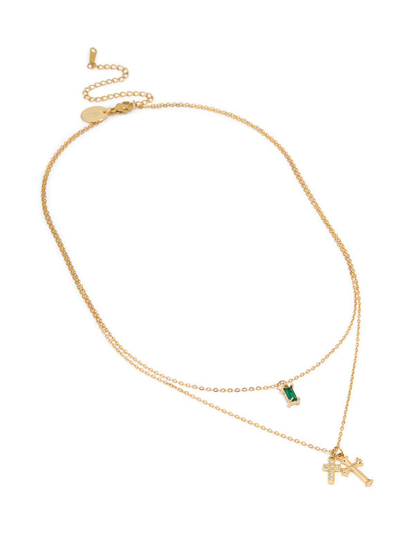 Waterproof Gold Plated Stainless Steel Green Cubic Zirconia & Cross Layered Necklace