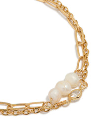 Waterproof Gold Plated Stainless Steel Pearl Fine Pin Chain Bracelet - link has visual effect only