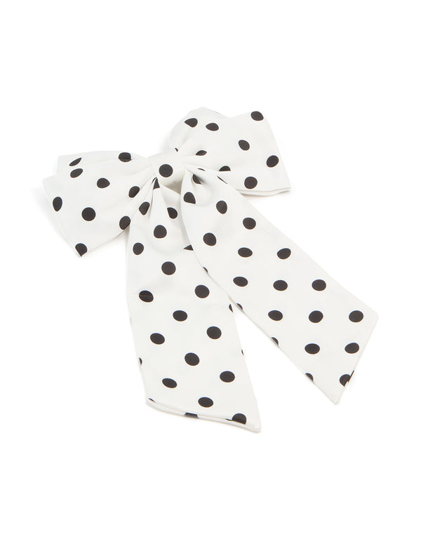 White Fabric Black Spotted Medium Bow Clip