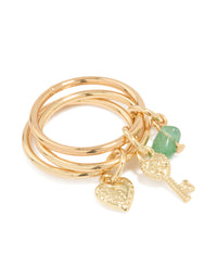Gold Plated Green Semi Precious & Key Charm Rings 3-Pack - link has visual effect only