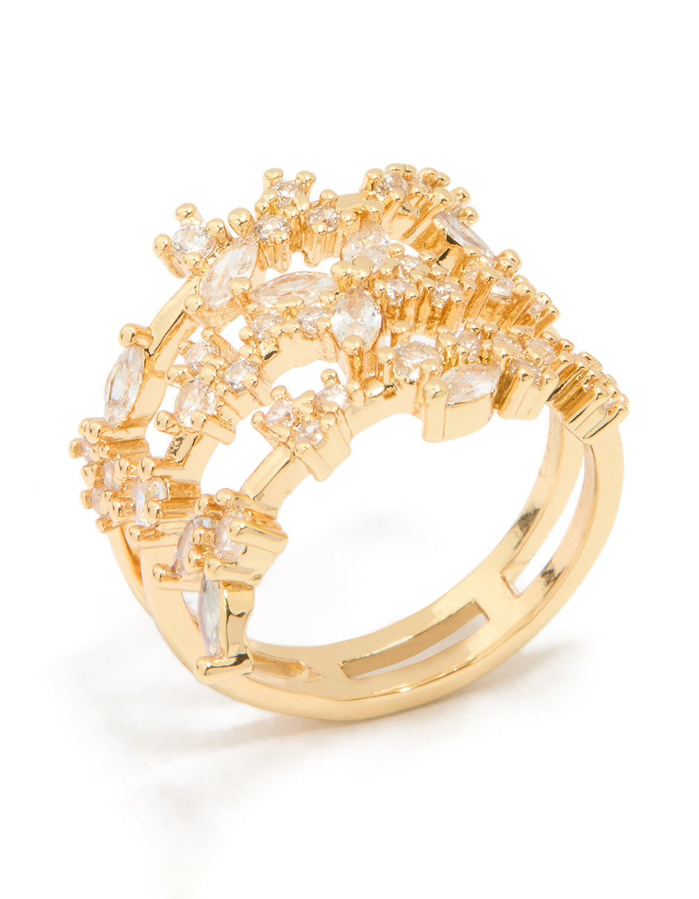 Gold Plated Cubic Zirconia Flower Triple Layer Ring