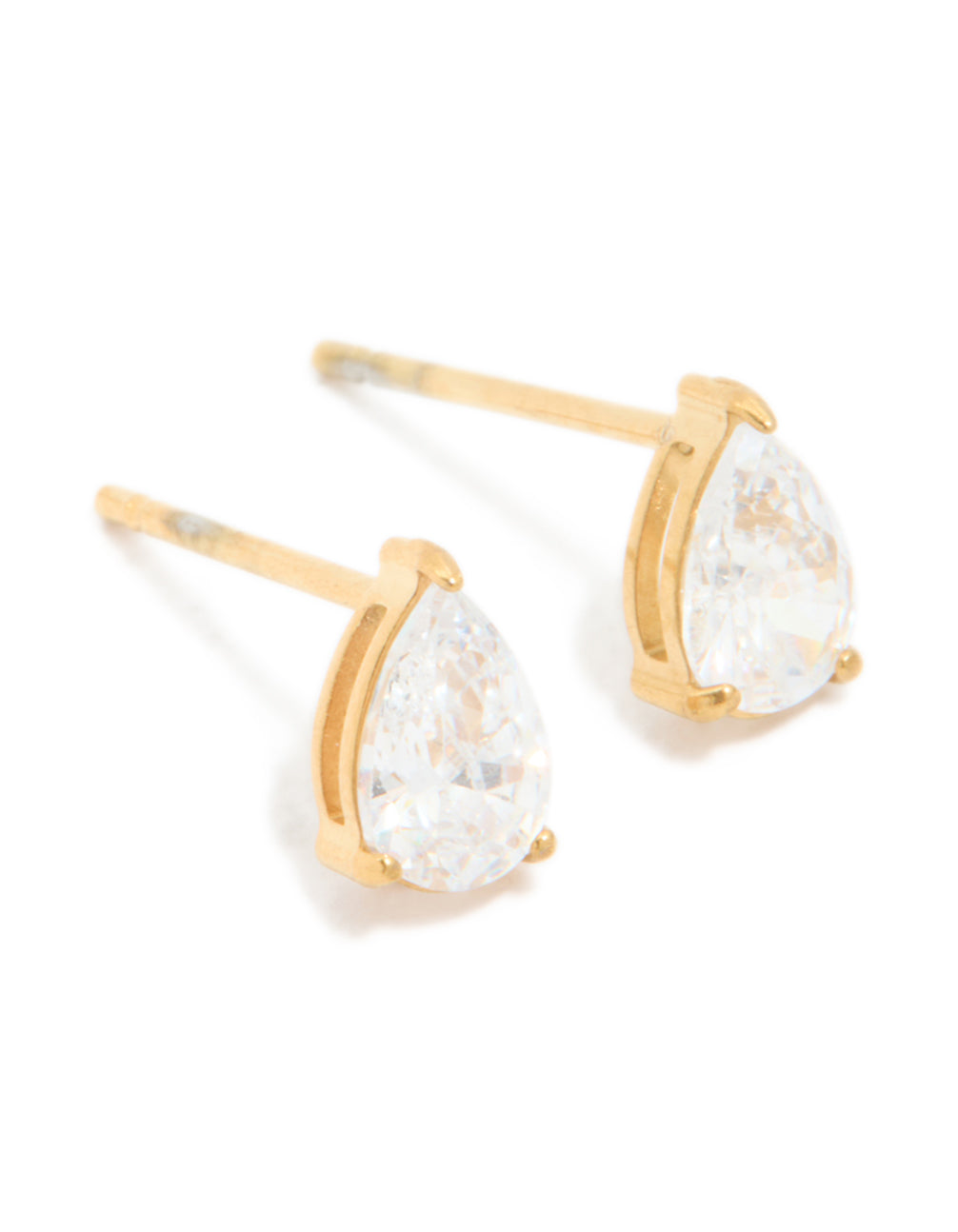 Showcasing 6mm pear prism stud earrings crafted from gold plated surgical steel with stud closure front view